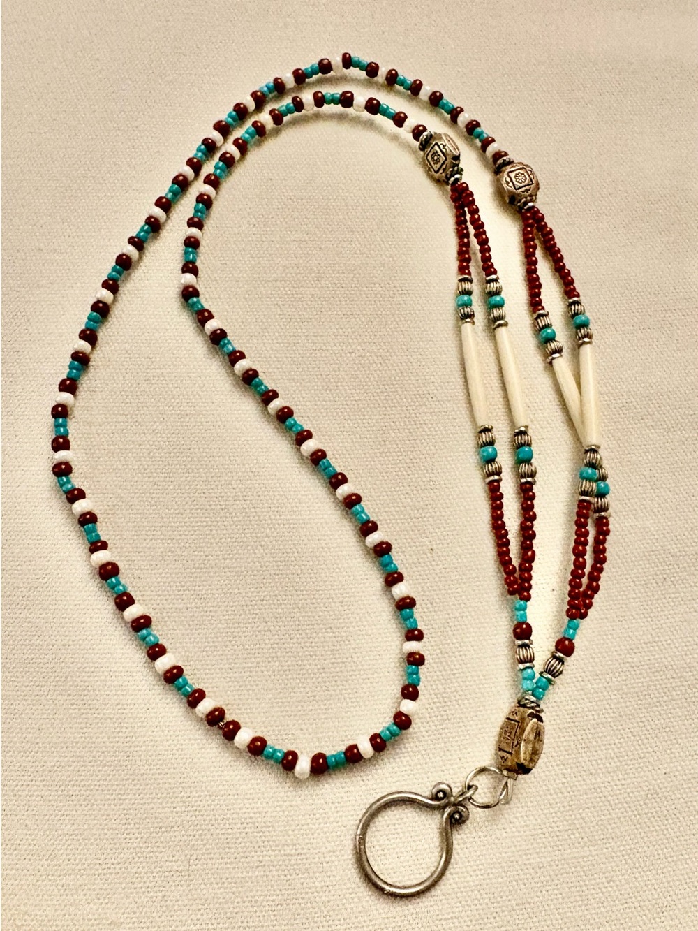 Beaded Red and Turquoise Lanyard Necklace with Silver Ring